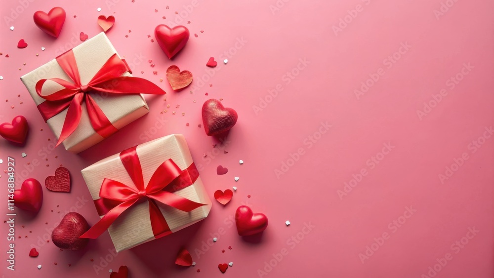 Poster two presents wrapped in gold paper with red bows surrounded by red hearts and red glitter on a pink 