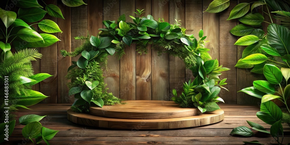 Poster a wooden pedestal surrounded by lush greenery, creating a natural backdrop for product display