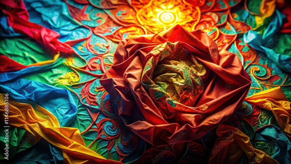 Aufkleber A vibrant composition of colorful fabrics draped and folded over a carved ornate design, creating a captivating visual texture with a golden glow in the center.