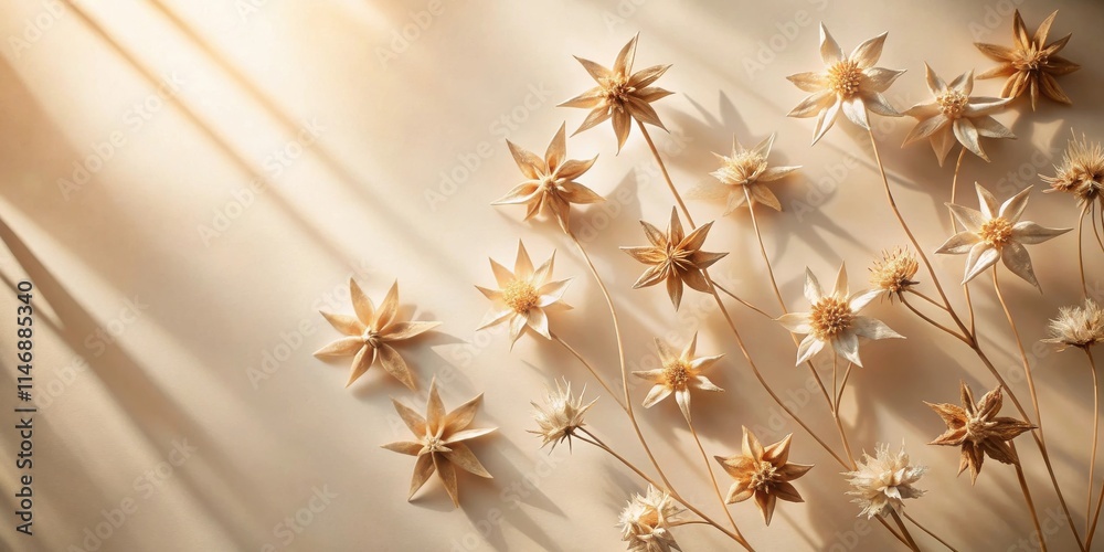 Poster sunbeams illuminate a delicate arrangement of dried flowers with soft shadows on a tan background