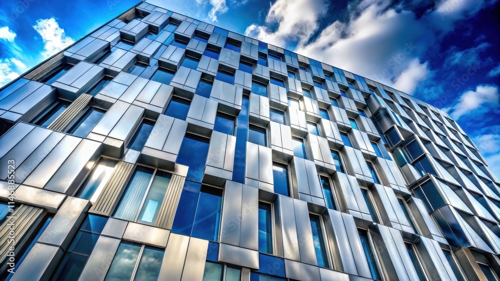 Poster modern architectural design with a geometric facade of windows and steel panels, creating a striking