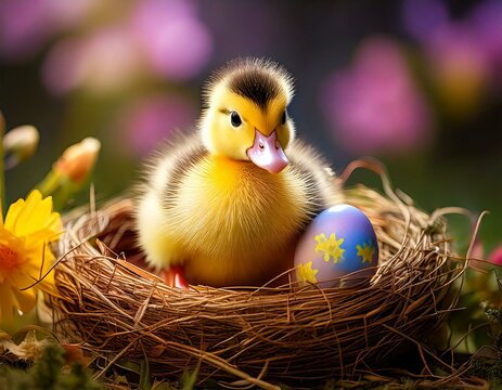 Flauschiges Entenk&uuml;ken mit Osterei im Strohnest &ndash; Perfektes Osterbild