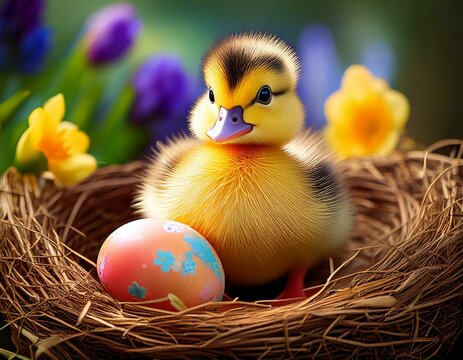 Flauschiges Entenk&uuml;ken mit Osterei im Strohnest &ndash; Perfektes Osterbild