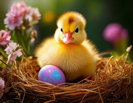 Flauschiges Entenk&uuml;ken mit Osterei im Strohnest &ndash; Perfektes Osterbild