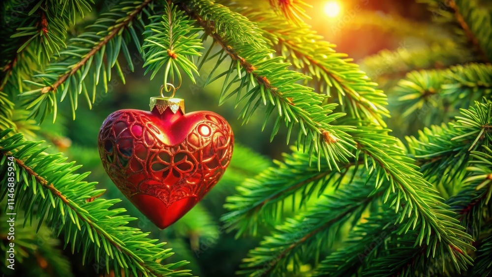Poster a single red heart-shaped christmas ornament hangs from a lush evergreen branch, bathed in the warm 