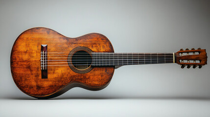 Obraz premium Vintage classical guitar with worn wood finish on a light grey background.