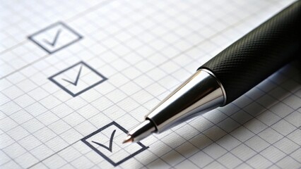 A pen rests on a sheet of paper with multiple checkboxes, signifying completion and readiness for the next step.