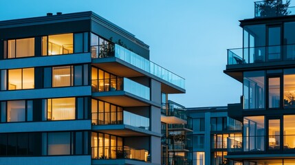 Modern residential buildings illuminated at dusk with balconies and large windows.