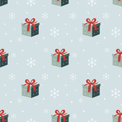 Christmas pattern with snowflakes, gifts on a blue background. Seamless background perfect for use in textiles, wallpapers, and festive decorations.