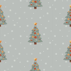 Fototapeta premium Christmas pattern with christmas tree, snowflakes on a green background. Seamless background perfect for use in textiles, wallpapers, and festive decorations.