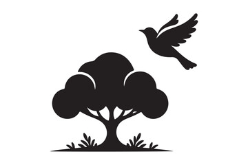 Tree and a bird icon silhouette illustration with white background 1