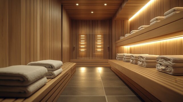 Modern gym locker room with neat folded towels