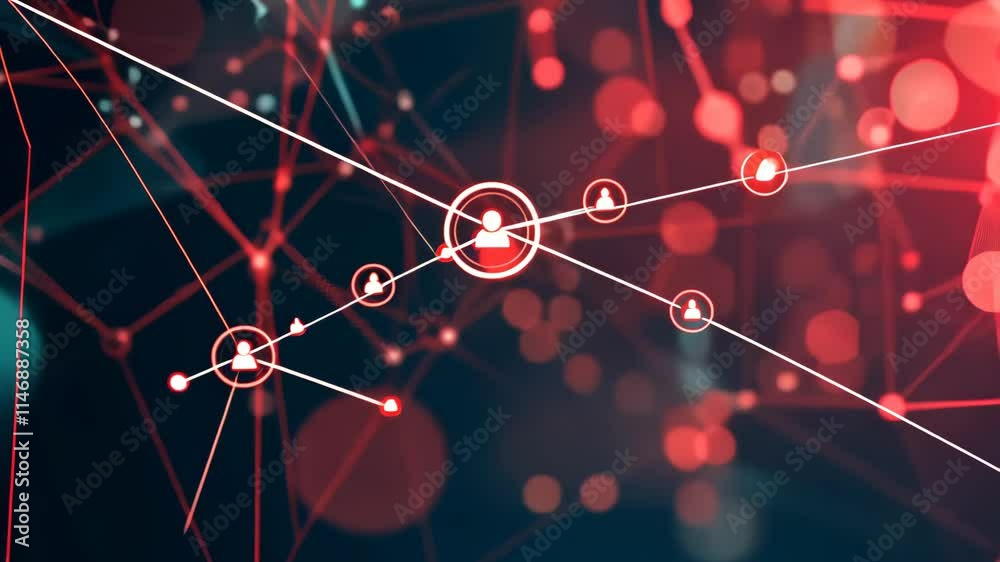 Poster glowing threads intertwine in a vibrant display of red and turquoise, illustrating a digital network