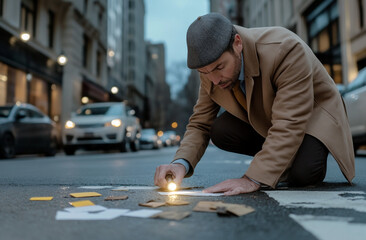 A detective inspecting a crime scene with a flashlight, crouching to examine clues
