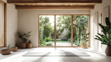 Modern yoga studio with plants and wooden accents, large windows showcasing a garden view, minimalist decor, beige walls, white floor tiles, a yoga mat on the ground, wooden ceiling beams, and natural