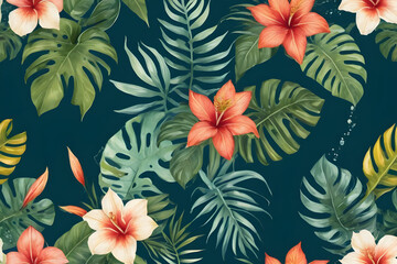 Tropical flowers and palm leaves creating a seamless botanical pattern