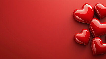 Red glossy plastic hearts on a red background, right side frame. Copy space. Concept of Valentine's Day holiday celebration.