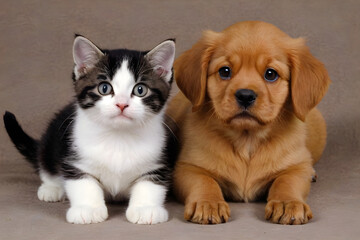 Fototapeta premium Adorable kitten and puppy posing together on brown background