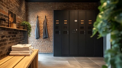 Modern gym locker room with neat folded towels