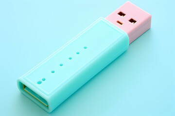A colorful USB flash drive with a mint green and pink design on a light blue background.