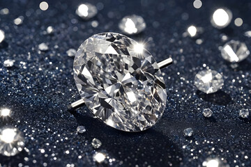 Large polished diamond shining on sparkling dark surface with smaller diamonds