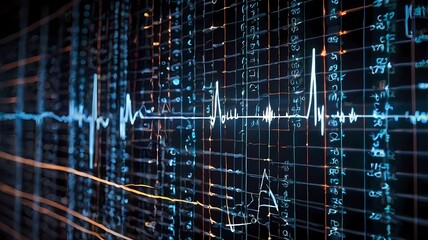Abstract digital heartbeat waveform on a data screen.