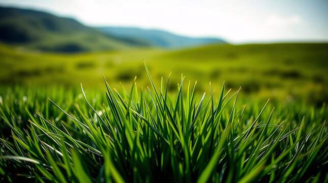 Fresh Green Grass Blades Captured in Sharp Detail, with a Dreamy, Sunlit Blurred Background for a Peaceful Natural Scene