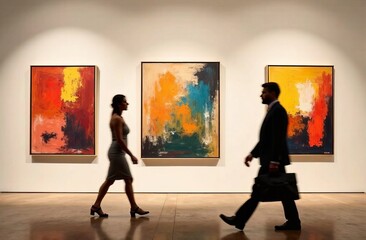 Fototapeta premium Modern art gallery with abstract paintings and silhouetted visitors walking past
