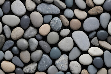 Polished pebbles forming decorative mosaic on black background