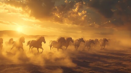 Wild horses gallop through dusty plains kicking up earth during a dramatic golden sunset.