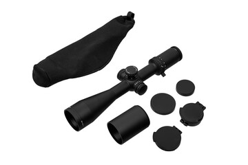 A black rifle scope with various accessories including lens covers, a sunshade, and a protective...