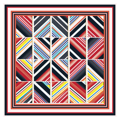 Fototapeta premium Geometric abstract art with colorful diagonal stripes within a grid, encased by a multi-layered border, square pattern composed of red, yellow, blue, and black stripes arranged in a uniform layout.