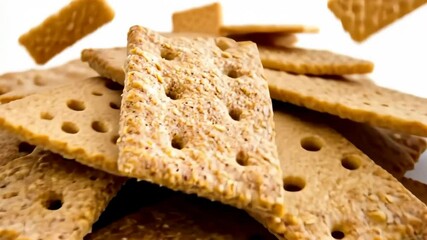 Healthy Crackers Stack. Brown crackers pile topped with seeds. Wholemeal salt cracker heap. Snack plate of golden crispy cookies on a table. Multigrain flatbread. Delicious salty biscuit, hardtack - Powered by Adobe