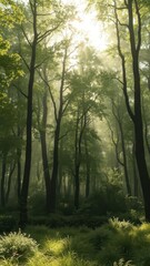Naklejka premium Misty green forest, sunlight filtering through dense canopy, atmosphere, shadows, nature