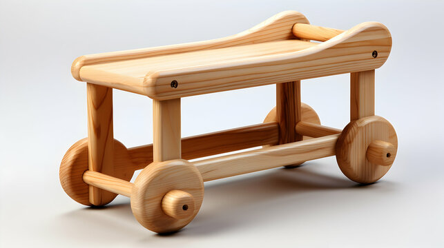 A wooden toy cart with wheels, designed for children to play and transport toys.