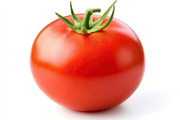 A perfectly ripe red tomato with a green stem, isolated on a white background