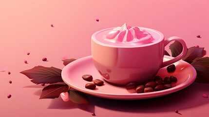 Fototapeta premium A pink cup of whipped cream-topped drink surrounded by coffee beans and leaves.