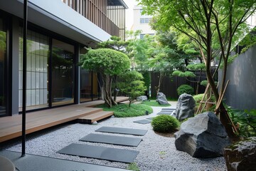 Obraz premium A serene Japanese Zen garden featuring minimalist design, lush greenery, and stone pathways in a modern urban environment.