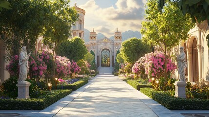 Obraz premium Sunlit pathway leading to grand estate entrance.