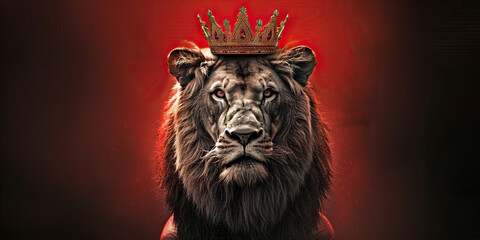 Lion with Gold Crown on Red Background