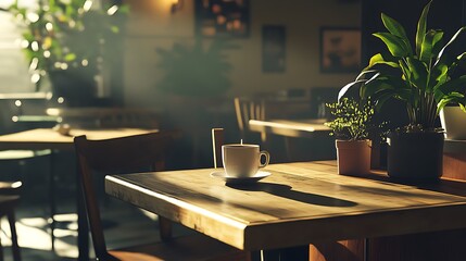 A Single Cup of Coffee on a Wooden Table in a Cafe