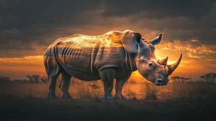 Obraz premium Majestic rhino silhouette at sunset, double exposure.