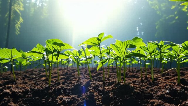 Rows of small cacao trees are growing on fertile soil on a sunny day. The plantation is located in a lush tropical rainforest