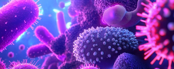 Naklejka premium A vibrant, close-up view of colorful microorganisms, showcasing their unique shapes and textures in a dynamic aquatic environment.