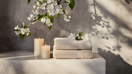 A serene scene featuring stacked towels, candles, and delicate flowers against a textured background, evoking relaxation and tranquility.