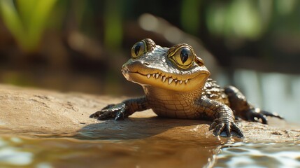 Obraz premium A small alligator with a big smile on its face is sitting in a pond. The frog has a mouth full of teeth and he is enjoying the water