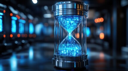 Futuristic hourglass with glowing digital elements.