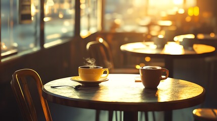 A steaming cup of coffee on a table in a cafe, with a second cup out of focus in the background, the cafe illuminated by golden sunlight shining through the window.