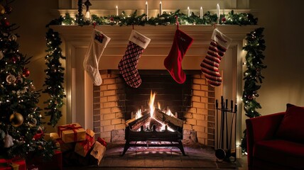 fireplace with christmas decorations