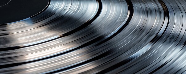 A close-up of a vinyl record, showcasing its grooves and reflections, highlighting the texture and shine of the surface.